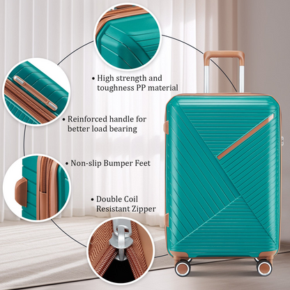 Start2Finish expandable lightweight 4-piece luggage set with double 360° spinner wheels and TSA lock, shown in a travel scene.