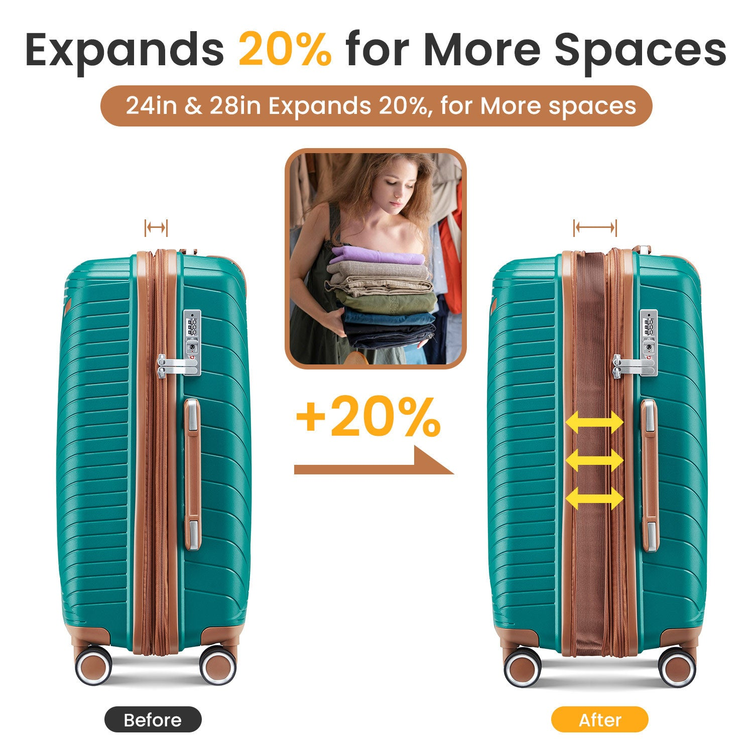Start2Finish expandable lightweight 4-piece luggage set with double 360° spinner wheels and TSA lock, shown in a travel setting.