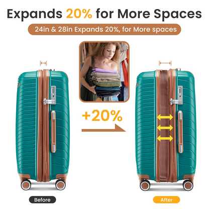 Start2Finish expandable lightweight 4-piece luggage set with double 360° spinner wheels and TSA lock, shown in a travel setting.