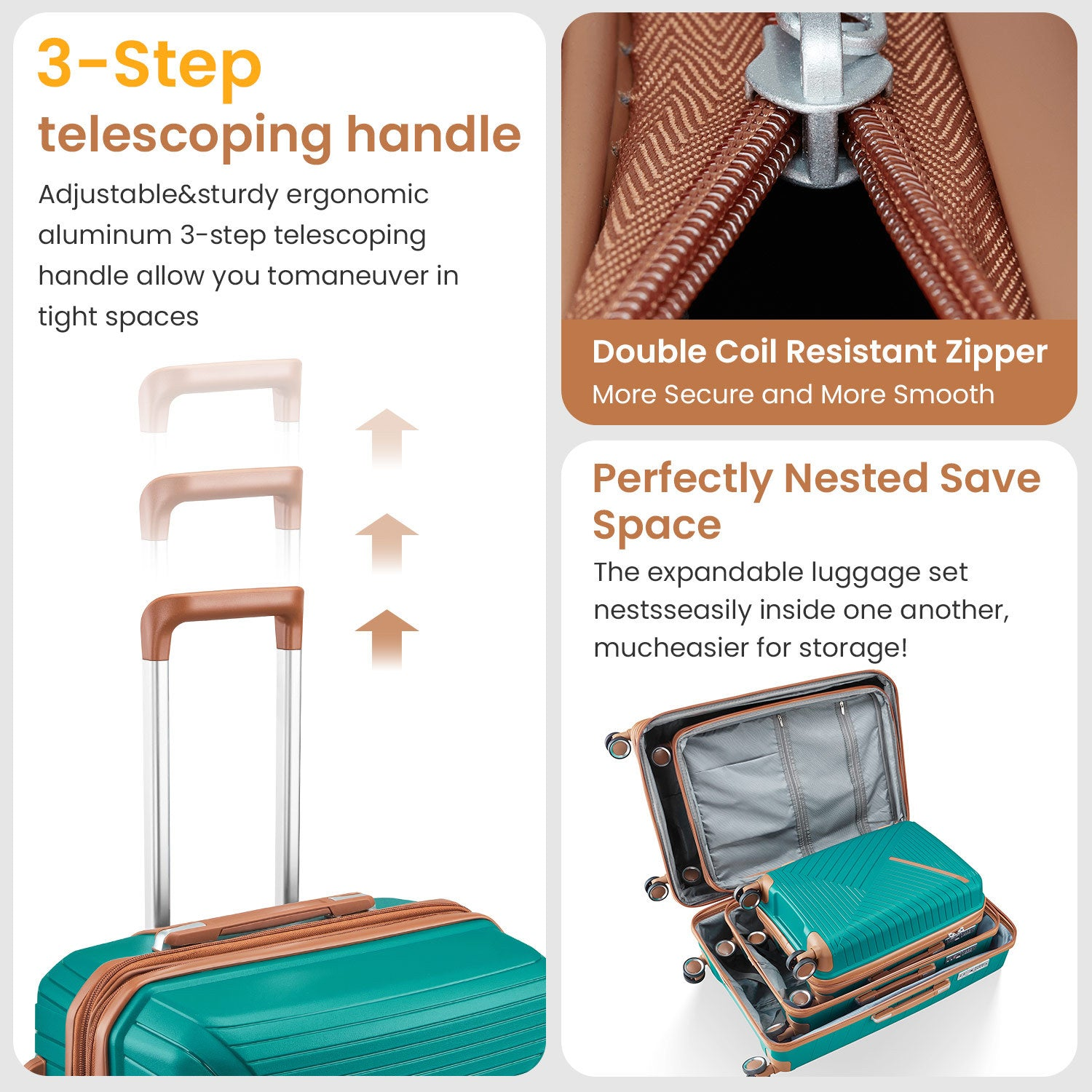 Start2Finish expandable 4-piece lightweight luggage set with double 360° spinner wheels and TSA locks for travel accessories.