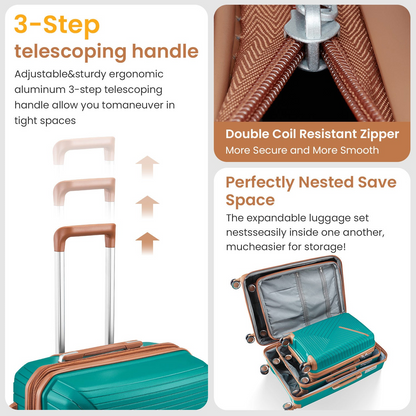 Start2Finish expandable 4-piece lightweight luggage set with double 360° spinner wheels and TSA locks for travel accessories.
