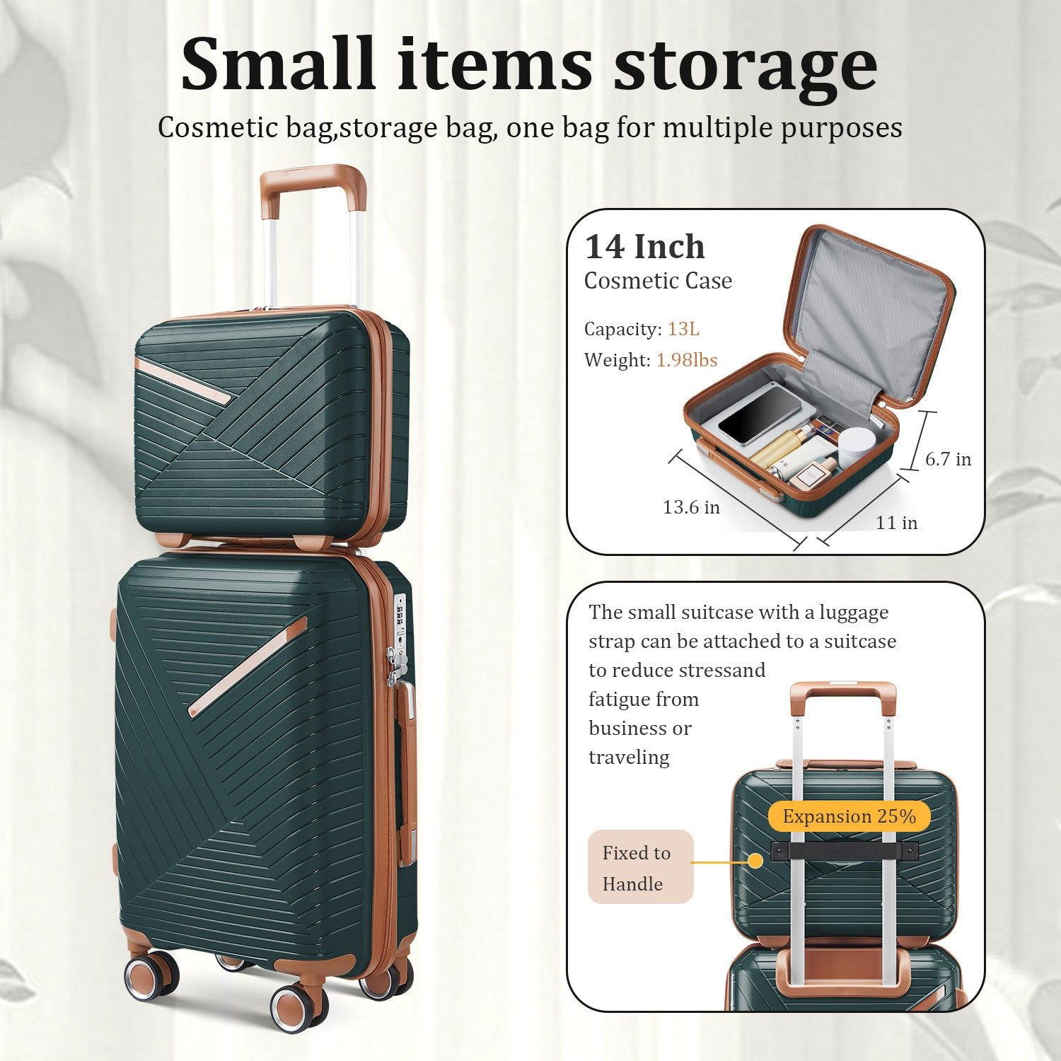 Start2Finish expandable lightweight 4-piece luggage set with double 360° spinner wheels and TSA locks, shown in a set of travel accessories.