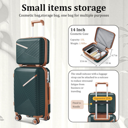 Start2Finish expandable lightweight 4-piece luggage set with double 360° spinner wheels and TSA locks, shown in a set of travel accessories.