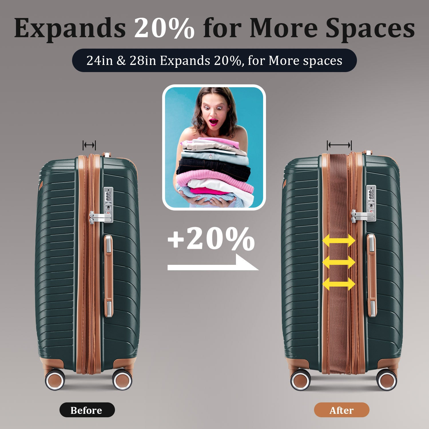 Start2Finish expandable lightweight 4-piece luggage set with double 360° spinner wheels and TSA lock, shown in the image.