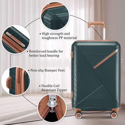 Expandable lightweight 4-piece luggage set by Start2Finish with double 360° spinner wheels and TSA lock, shown in the image.