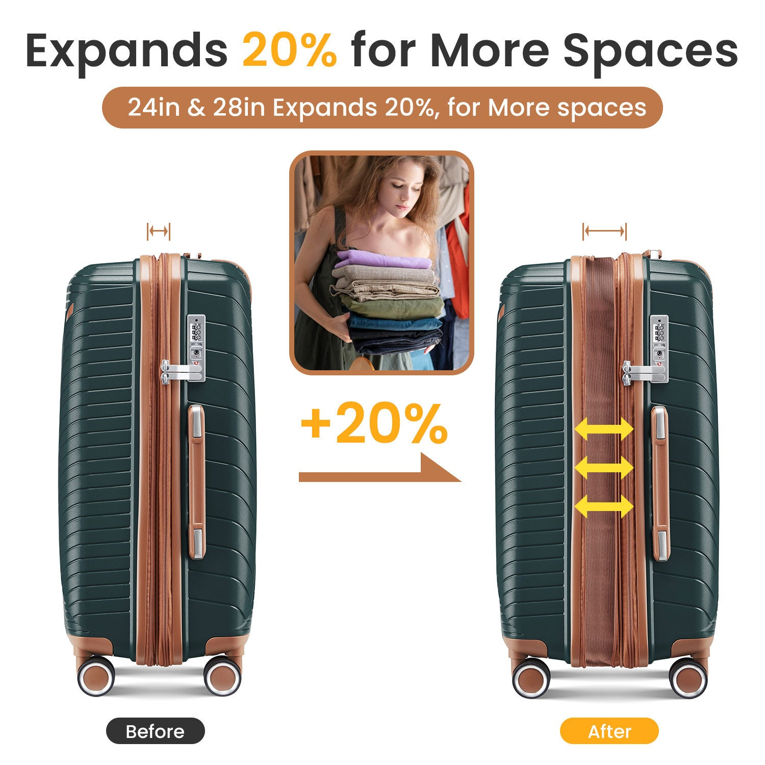 Start2Finish expandable lightweight 4-piece luggage set with double 360° spinner wheels and TSA lock, shown in a travel scene.
