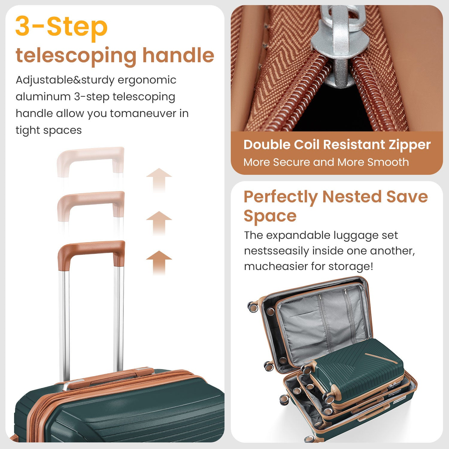 Start2Finish expandable lightweight 4-piece luggage set with double 360° spinner wheels and TSA lock, displayed with open compartments.