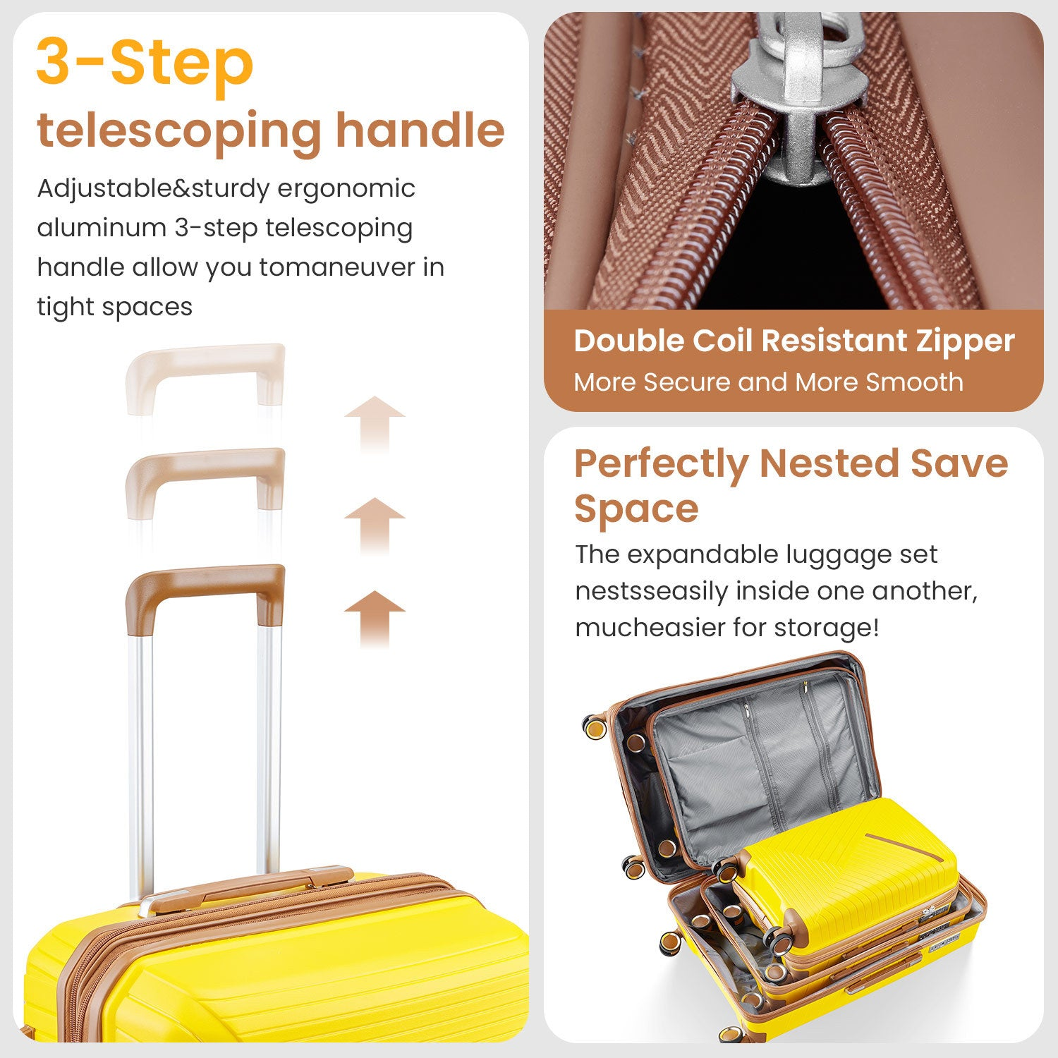 Start2Finish expandable lightweight 4-piece luggage set with double 360° spinner wheels and TSA lock, shown with four suitcases.