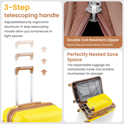 Start2Finish expandable lightweight 4-piece luggage set with double 360° spinner wheels and TSA lock, shown with four suitcases.