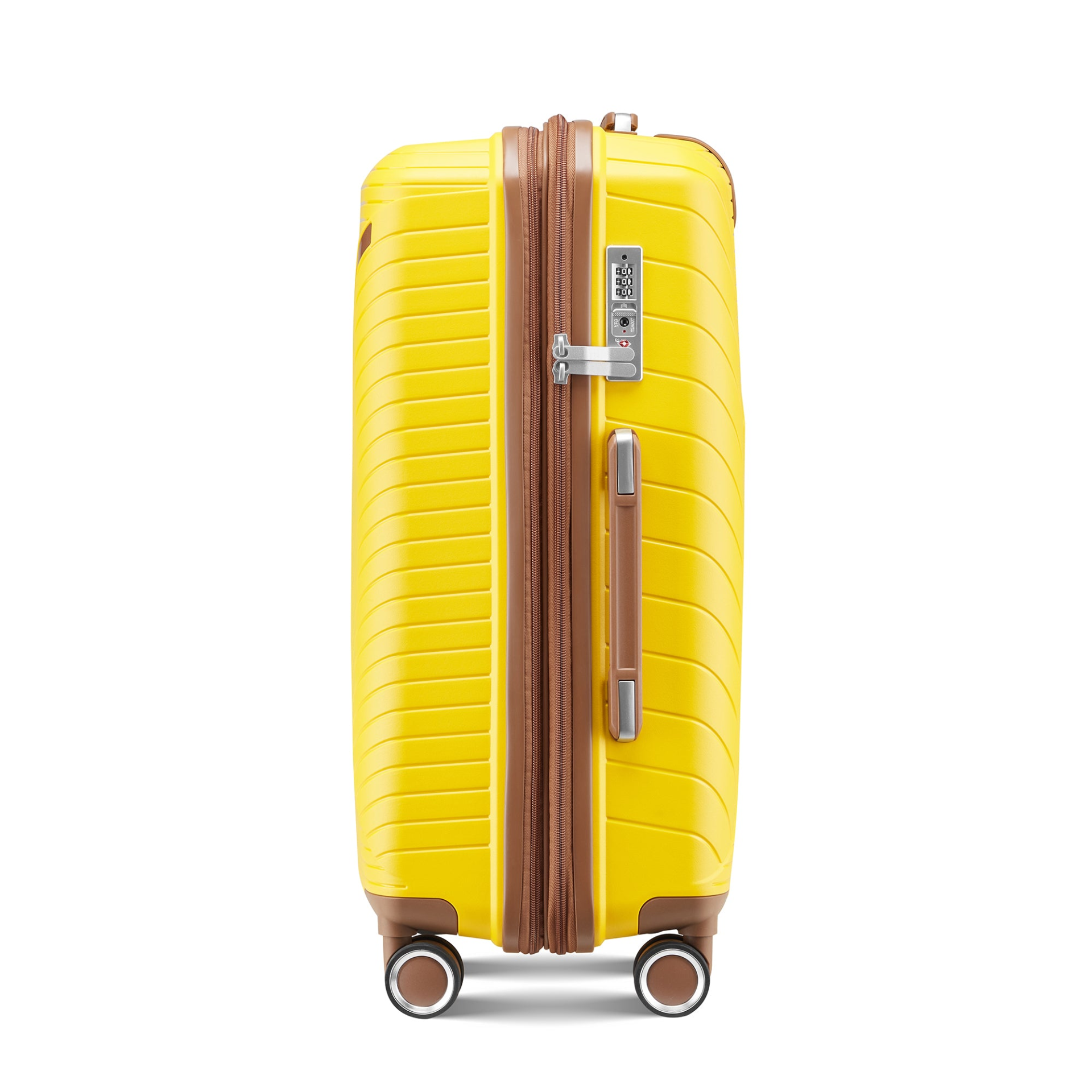 Start2Finish expandable lightweight 4-piece luggage set with double 360° spinner wheels and TSA lock, showing multiple suitcases stacked.