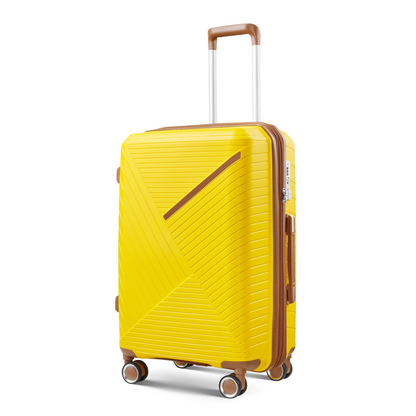 Start2Finish expandable lightweight 4-piece luggage set with double 360° spinner wheels and TSA lock, shown in a travel scene.