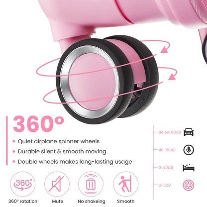 Start2Finish expandable lightweight 4-piece luggage set with double 360° spinner wheels and TSA lock, shown in various sizes.
