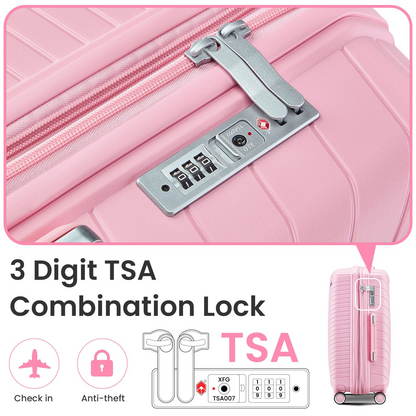 Start2Finish expandable lightweight 4-piece luggage set with double 360° spinner wheels and TSA locks, shown in the image.