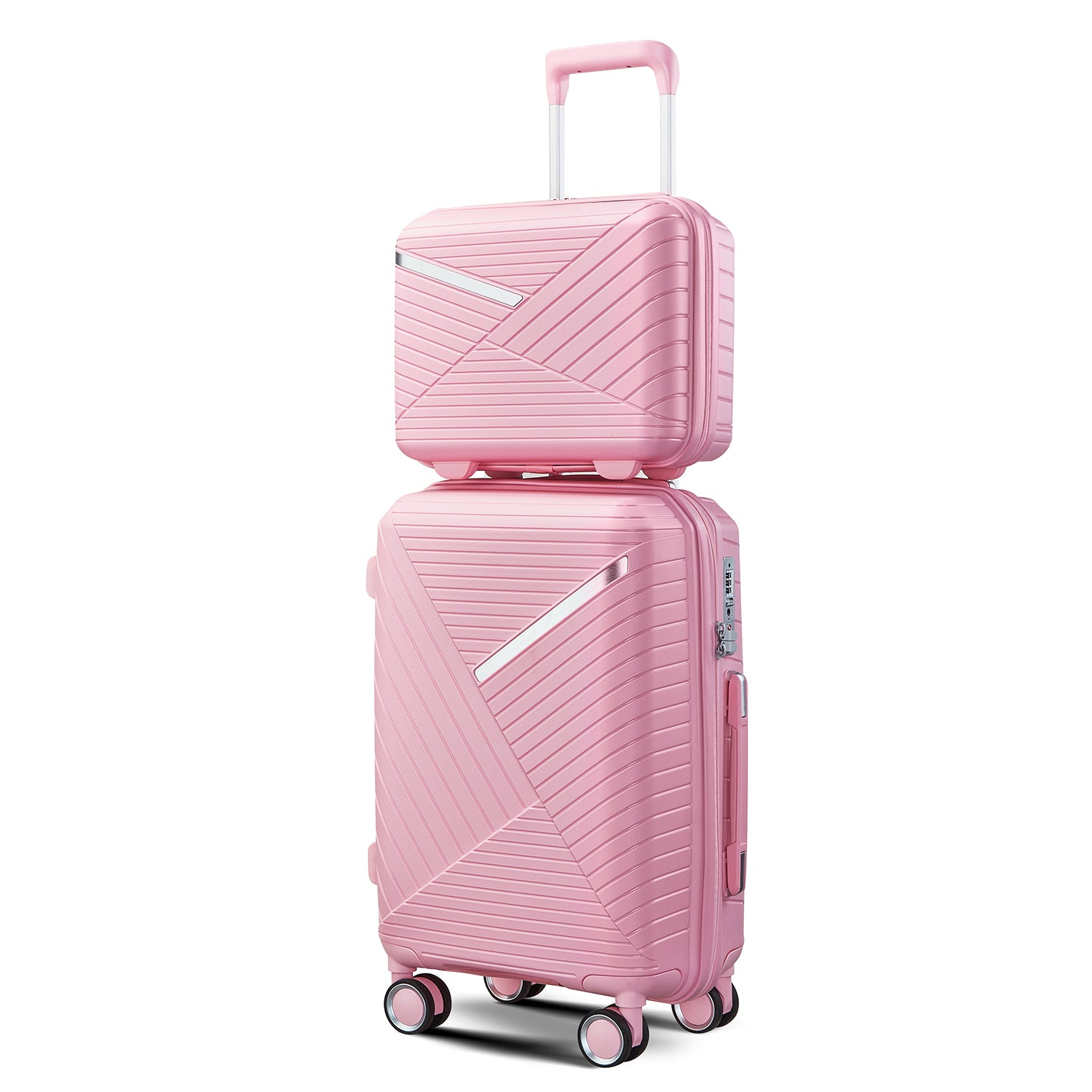 Expandable lightweight 4-piece luggage set by Start2Finish with double 360° spinner wheels and TSA lock, shown in a travel setting.