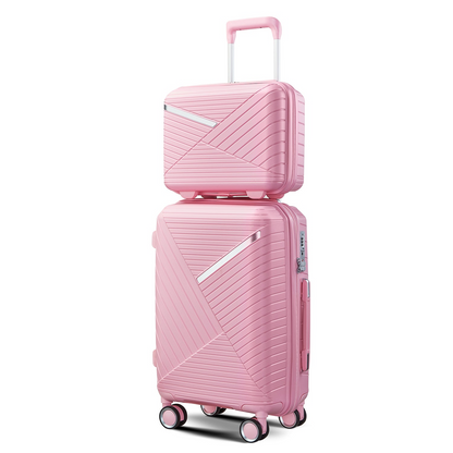 Expandable lightweight 4-piece luggage set by Start2Finish with double 360° spinner wheels and TSA lock, shown in a travel setting.