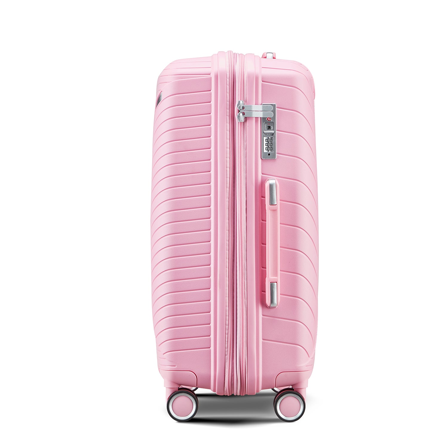 Start2Finish expandable lightweight 4-piece luggage set with double 360° spinner wheels and TSA lock, shown with open compartments.
