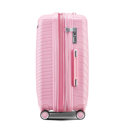 Start2Finish expandable lightweight 4-piece luggage set with double 360° spinner wheels and TSA lock, shown in travel-ready design.