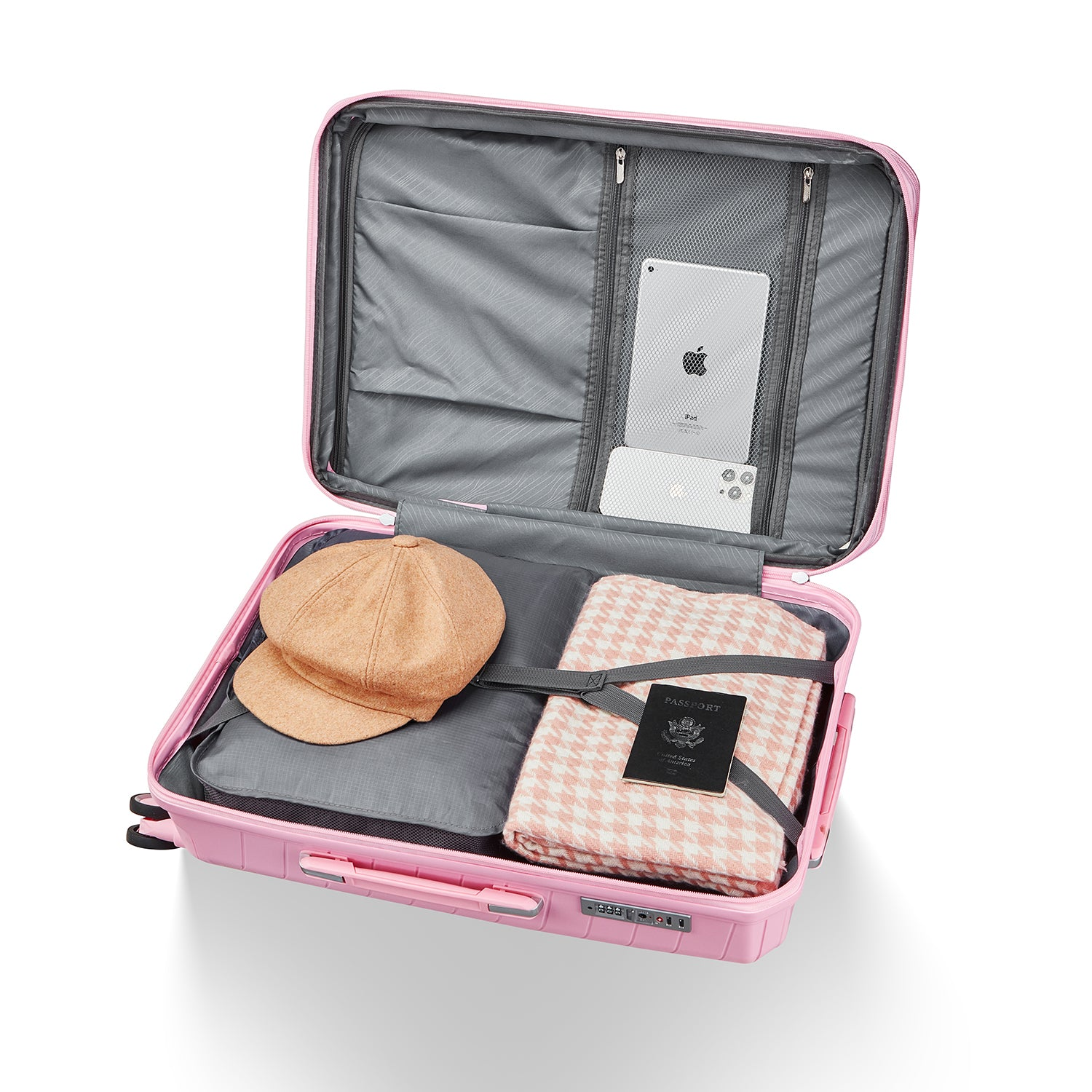 Start2Finish expandable lightweight 4-piece luggage set with double 360° spinner wheels and TSA lock, shown in a travel scene.