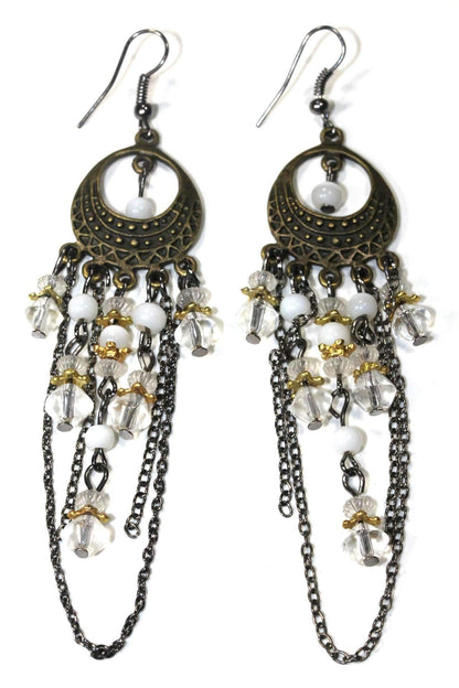 Silver Hestia gypsy style chandelier earrings with intricate metalwork and dangling beads, showcasing bohemian jewelry design.