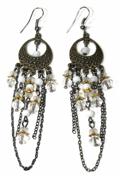 Silver Hestia gypsy style chandelier earrings with intricate metalwork and dangling embellishments, stylish jewelry for bohemian looks.