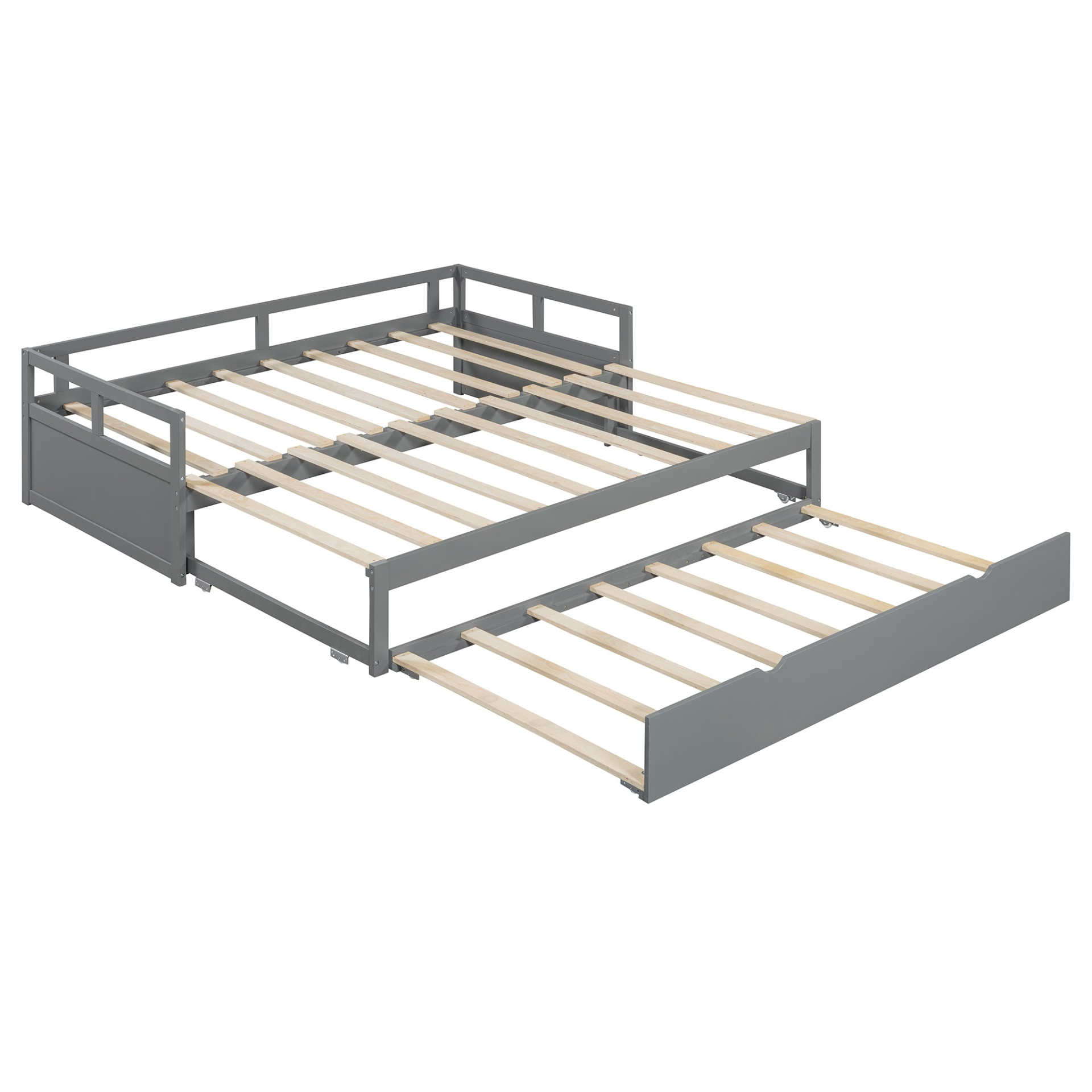 Wooden extending daybed with trundle for space-saving guest sleep, designed by Start2Finish, shown with bedding and pillows.
