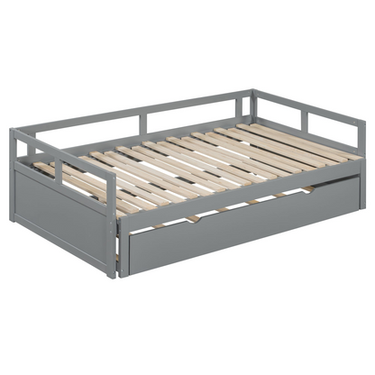 Wooden extending daybed with trundle, space-saving guest bed design from Start2Finish, featuring a classic wooden frame and fold-out bed.