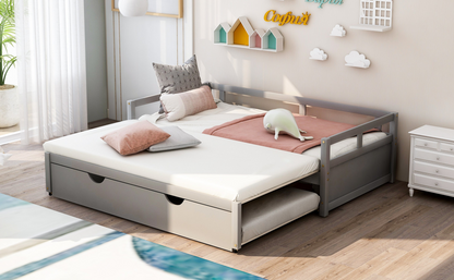 Wooden extending daybed with trundle, space-saving guest sleep solution by Start2Finish, featuring a sleek, modern design.