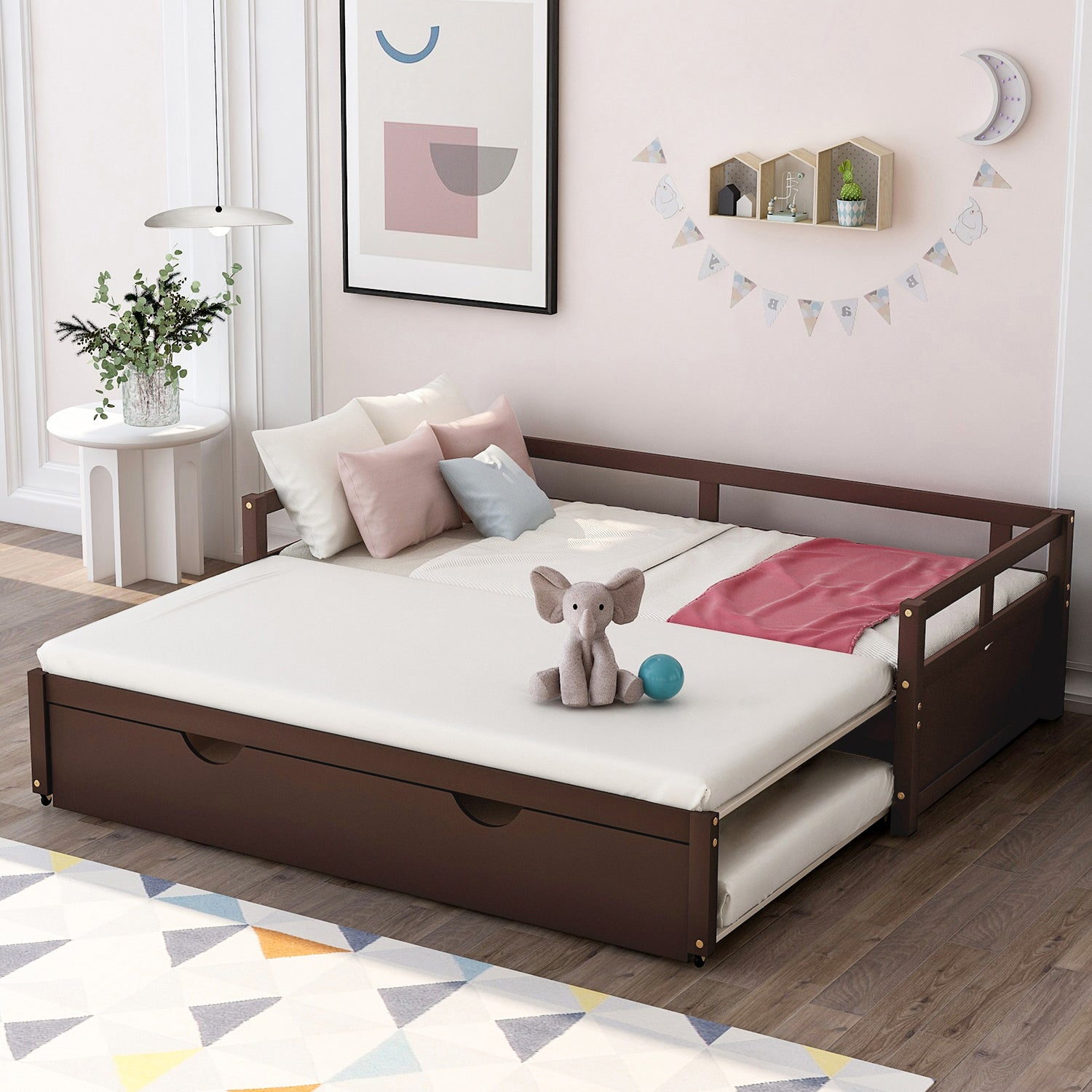 Wooden extending daybed with trundle from Start2Finish, ideal for space-saving guest sleeping and versatile bedroom seating.