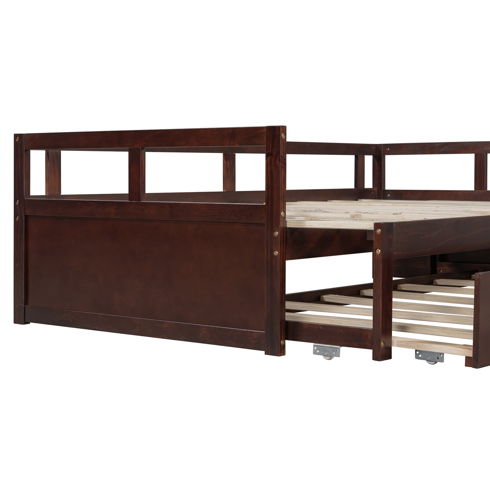 Start2Finish wooden extending daybed with trundle, space-saving design for guest sleeping, shown with neutral bedding and wooden frame.