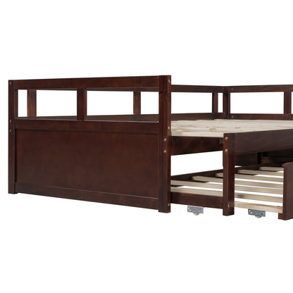 Start2Finish wooden extending daybed with trundle, space-saving design for guest sleeping, shown with neutral bedding and wooden frame.