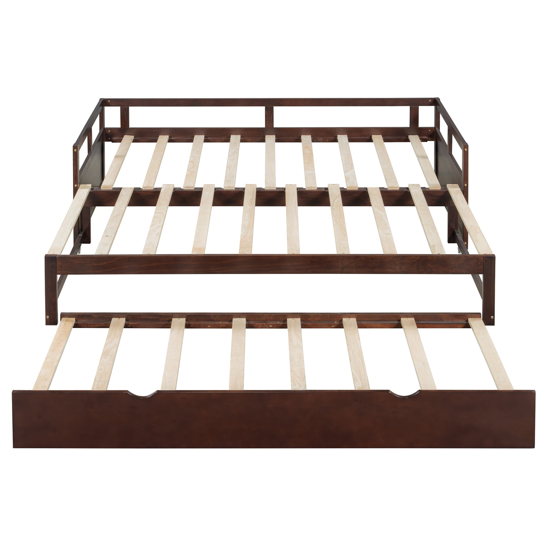 Start2Finish wooden extending daybed with trundle, space-saving guest bed in natural wood finish, ideal for versatile sleeping arrangements.