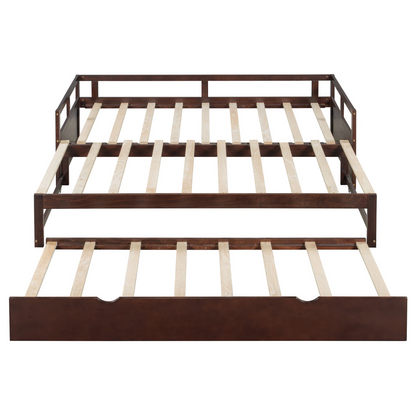 Start2Finish wooden extending daybed with trundle, space-saving guest bed in natural wood finish, ideal for versatile sleeping arrangements.