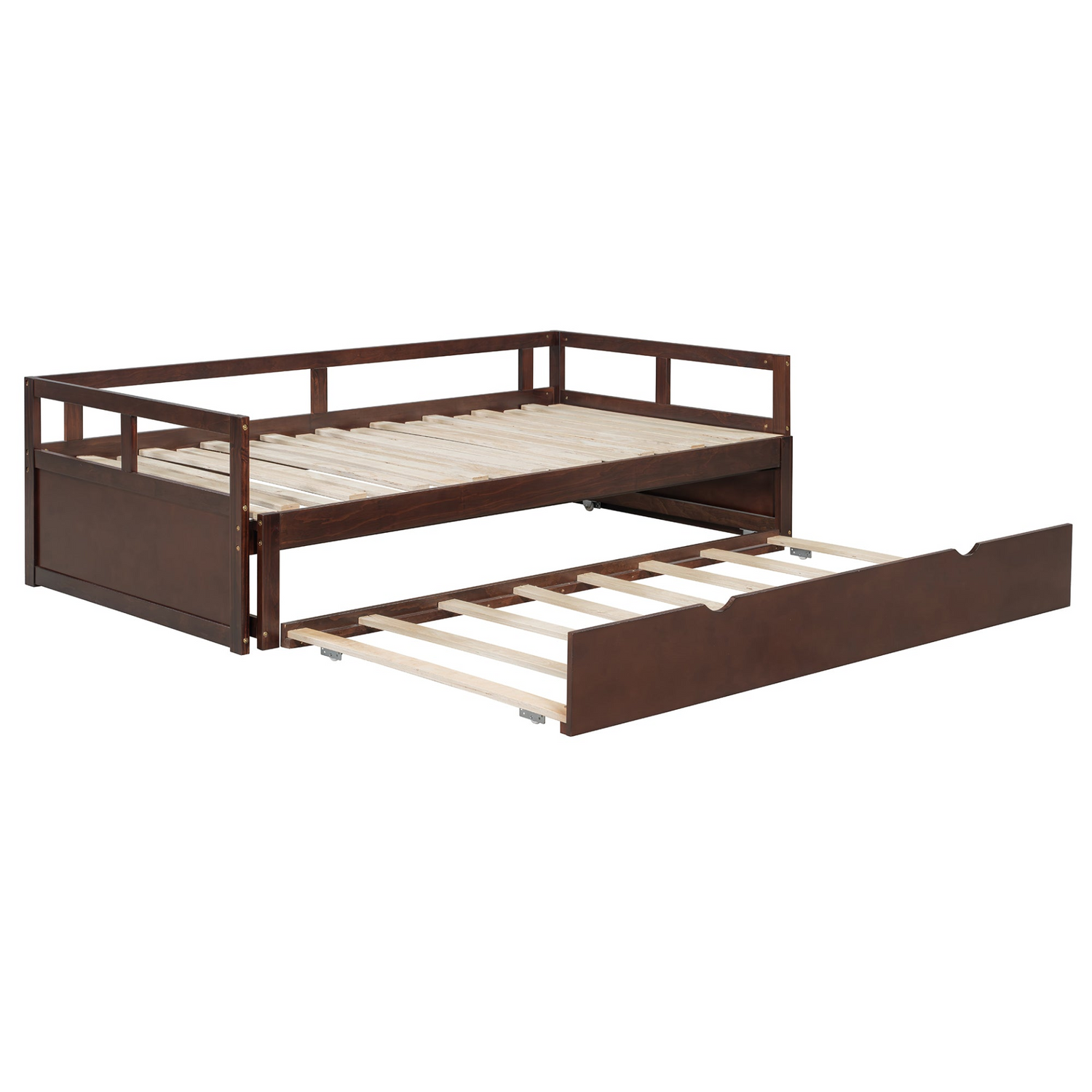 Wooden extending daybed with trundle bed, space-saving guest sleep solution by Start2Finish, shown with mattress and bedding.