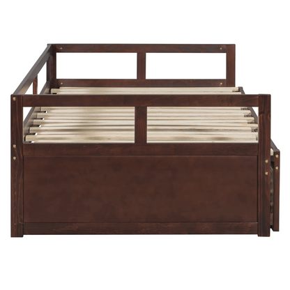 Start2Finish wooden extending daybed with trundle, space-saving guest bed in a warm wood finish, ideal for versatile guest sleeping arrangements.