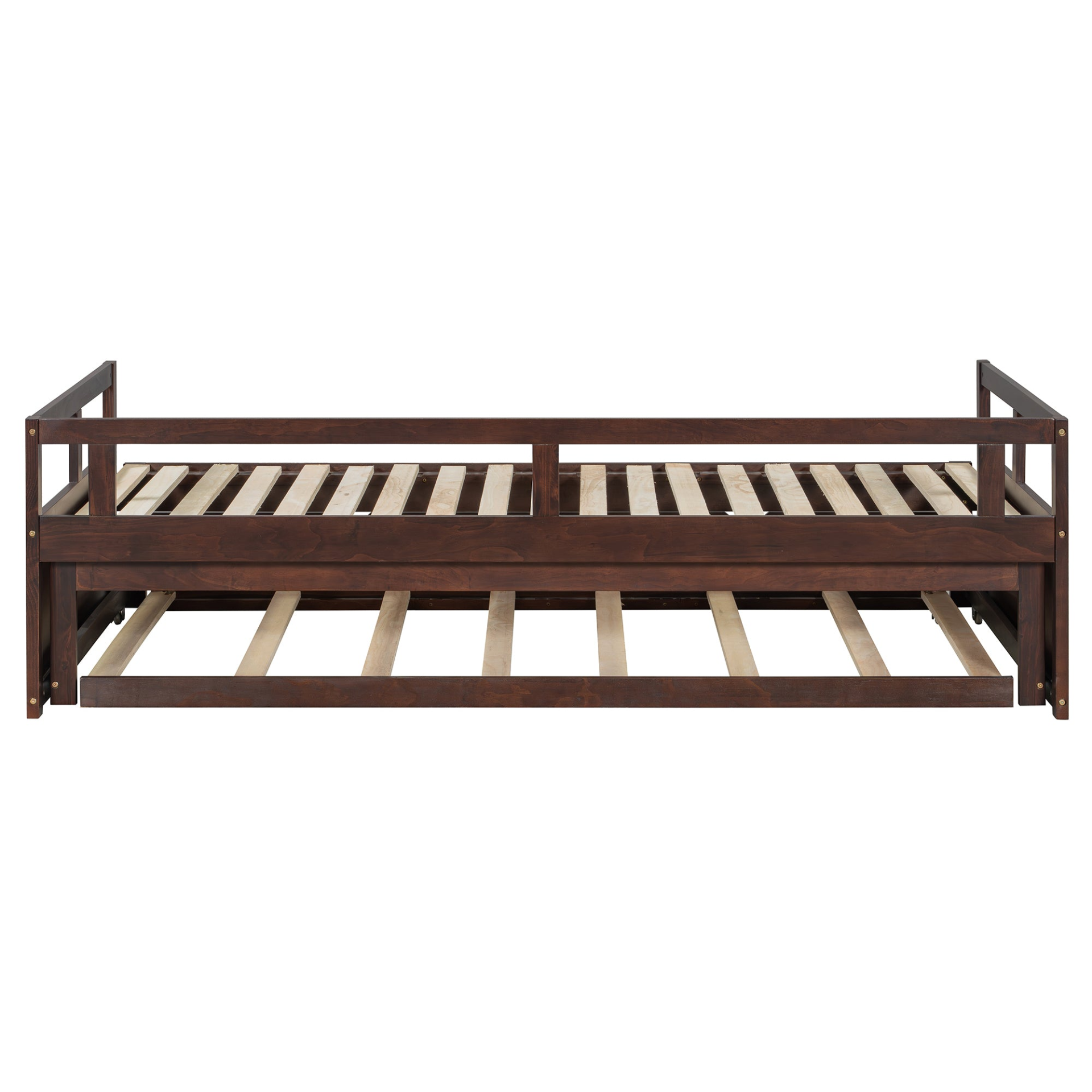 Start2Finish extending wooden daybed with trundle, space-saving design ideal for guest sleep and versatile bedroom use.