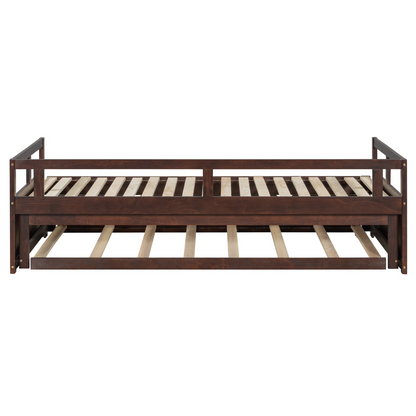 Start2Finish extending wooden daybed with trundle, space-saving design ideal for guest sleep and versatile bedroom use.