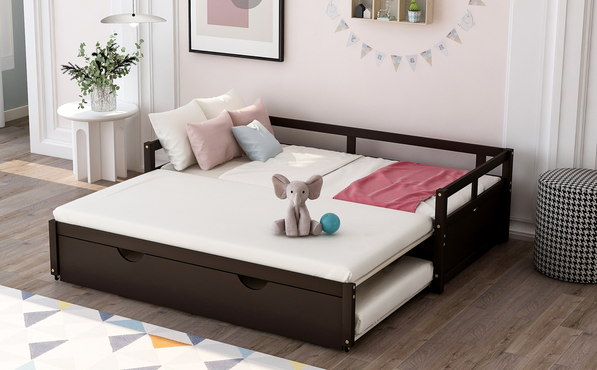 Wooden extending daybed with trundle from Start2Finish, featuring a space-saving design and guest sleep functionality.