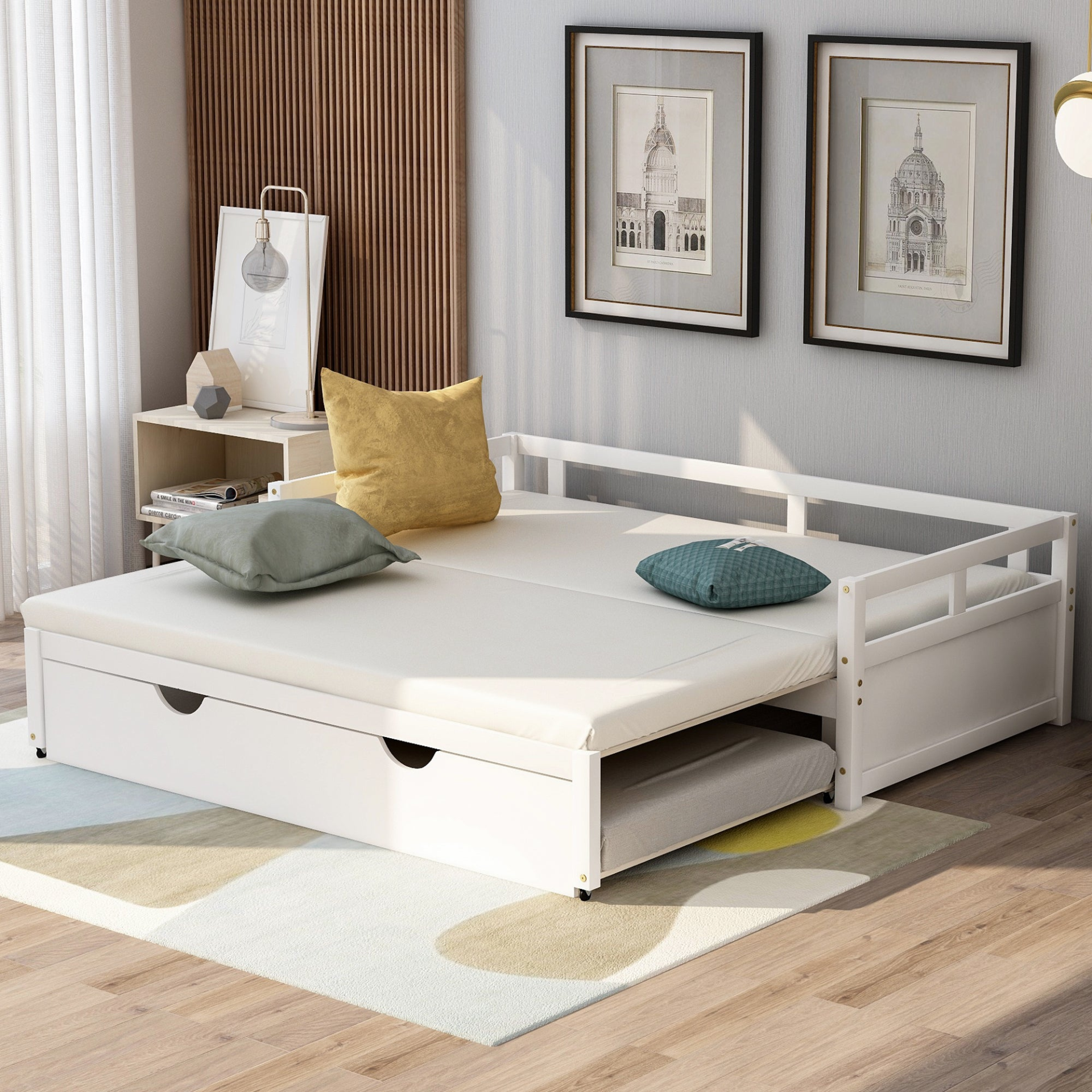 Wooden extending daybed with trundle from Start2Finish, space-saving guest sleep solution with classic design and sturdy frame.