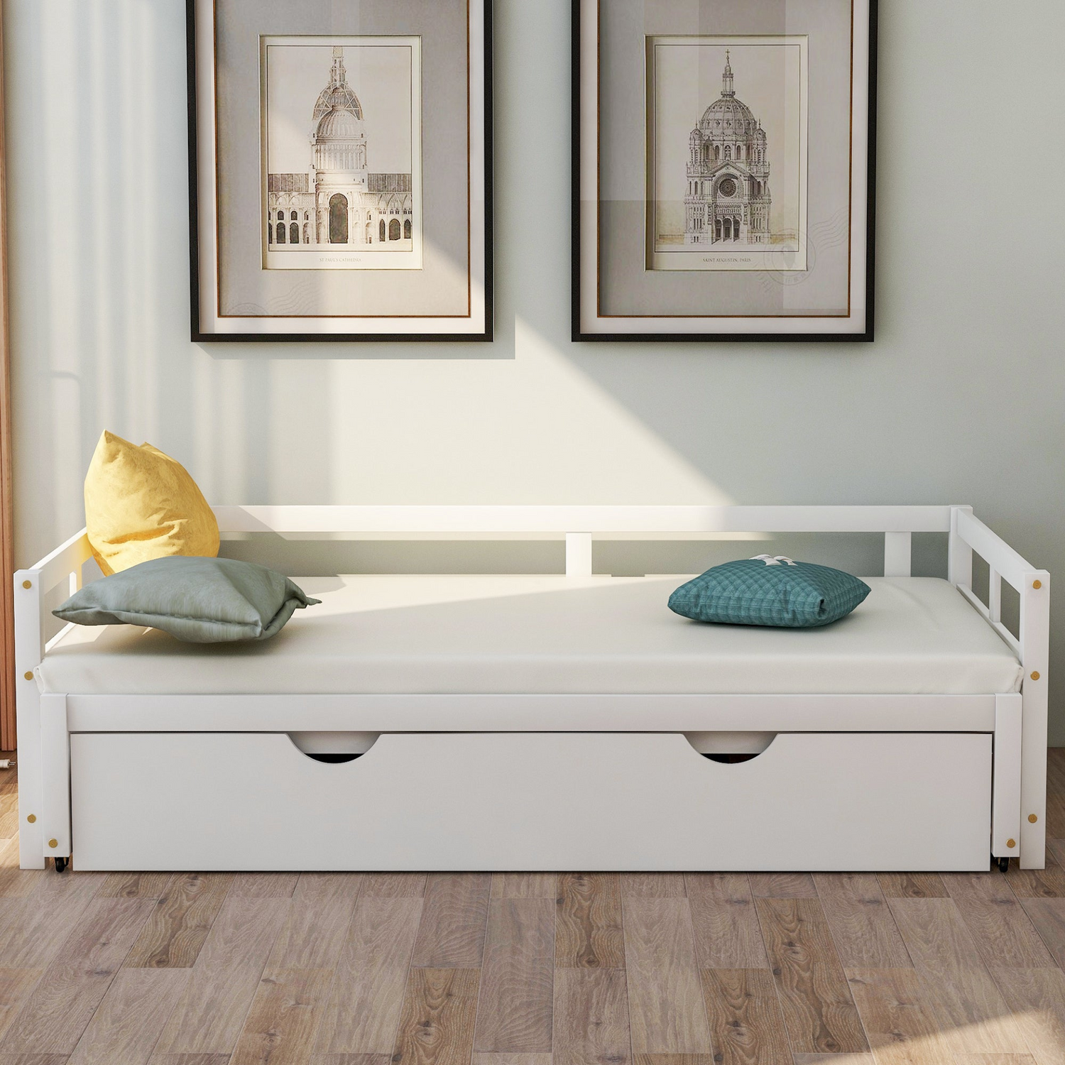 Start2Finish extending wooden daybed with trundle, space-saving guest sleep solution, featuring a classic wood design with mattress and bedding