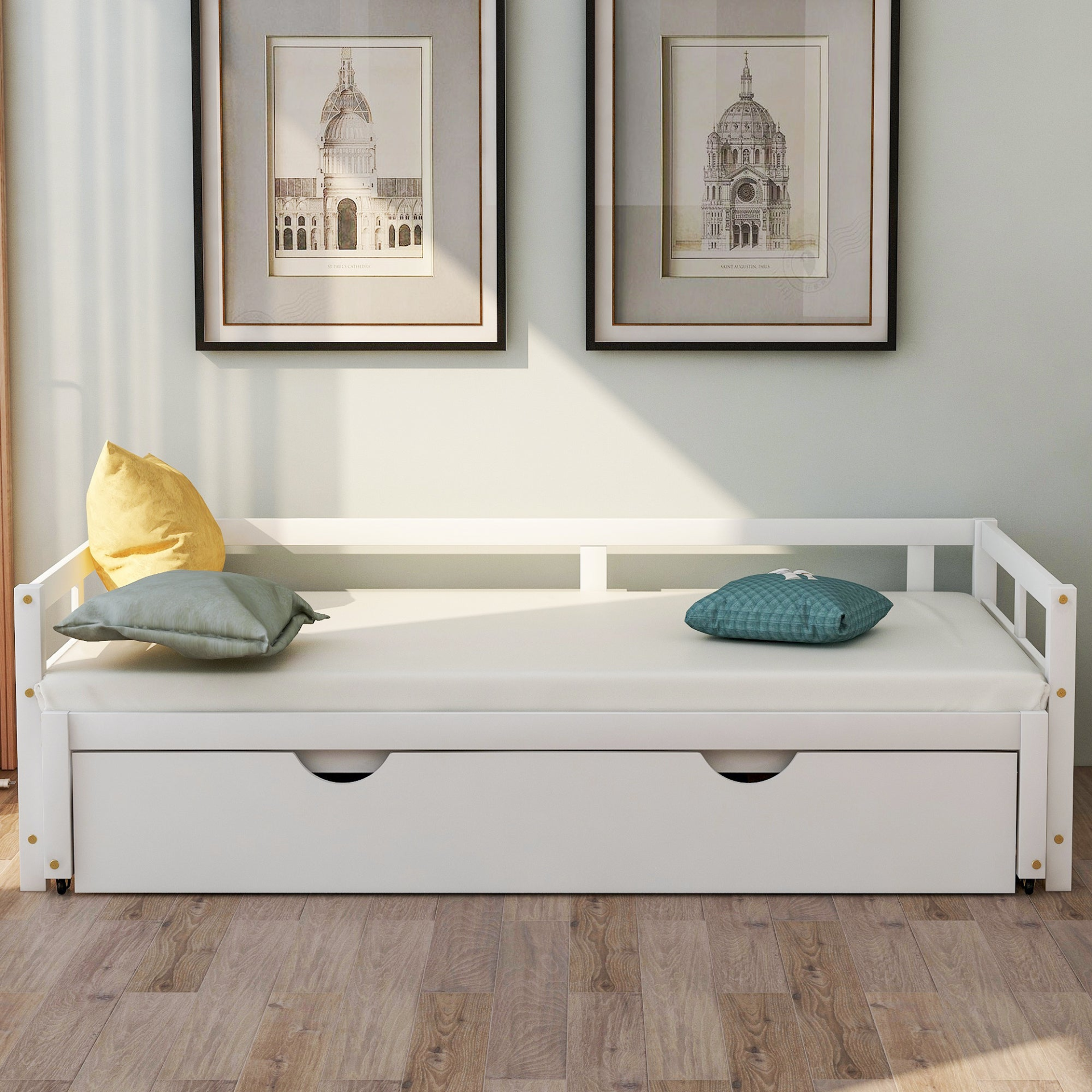 Start2Finish extending wooden daybed with trundle, space-saving guest sleep solution, featuring a classic wood design with mattress and bedding