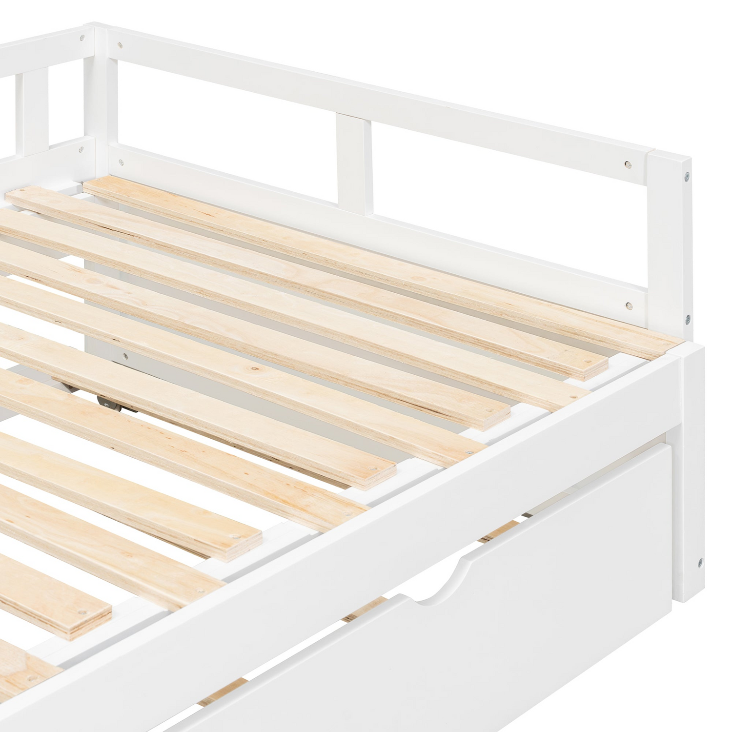 Wooden extending daybed with trundle for space-saving guest sleep, designed by Start2Finish, shown with mattress and bedding.