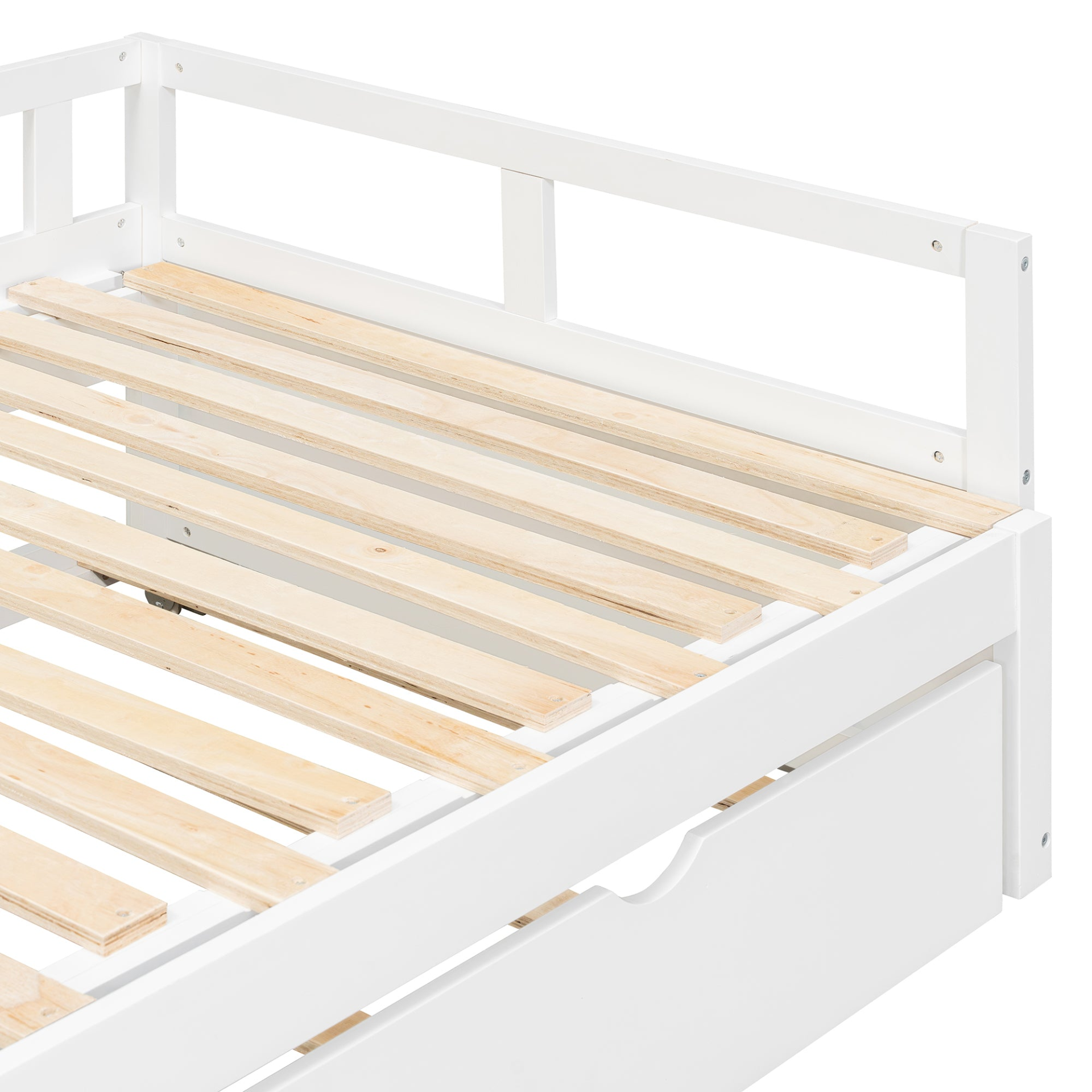 Wooden extending daybed with trundle for space-saving guest sleep, designed by Start2Finish, shown with mattress and bedding.
