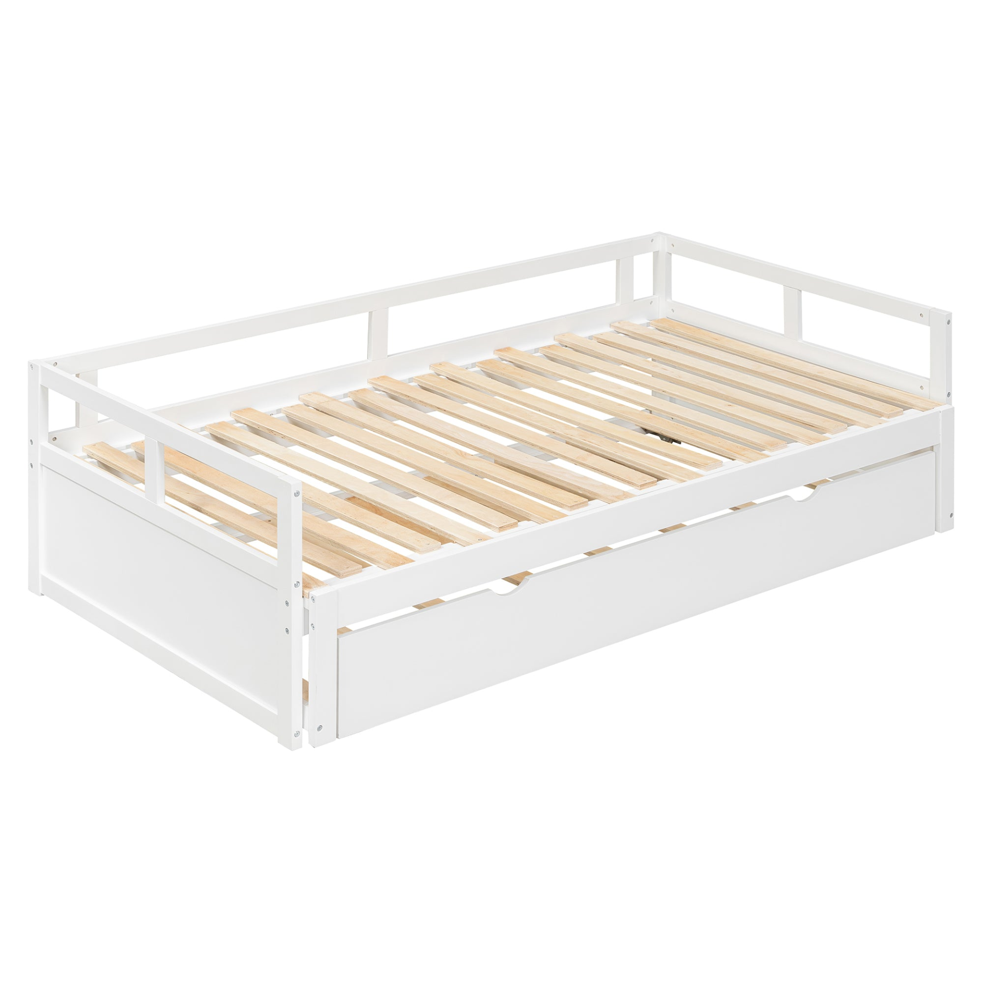Wooden extending daybed with trundle for space-saving guest sleeping, shown in a modern room setting.