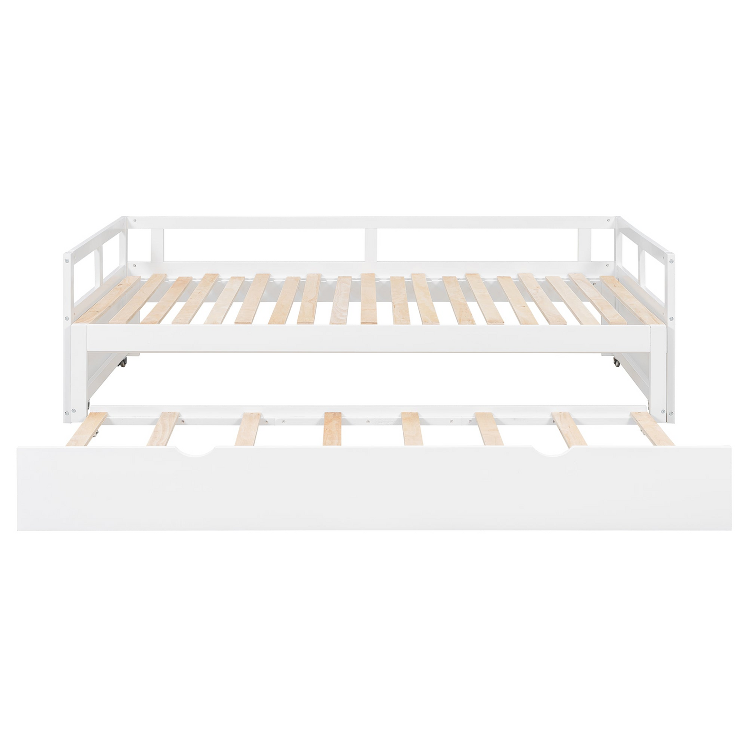 Start2Finish extending wooden daybed with trundle, space-saving guest sleep solution, featuring a classic wood design and built-in storage.