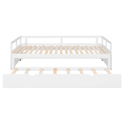 Start2Finish extending wooden daybed with trundle, space-saving guest sleep solution, featuring a classic wood design and built-in storage.
