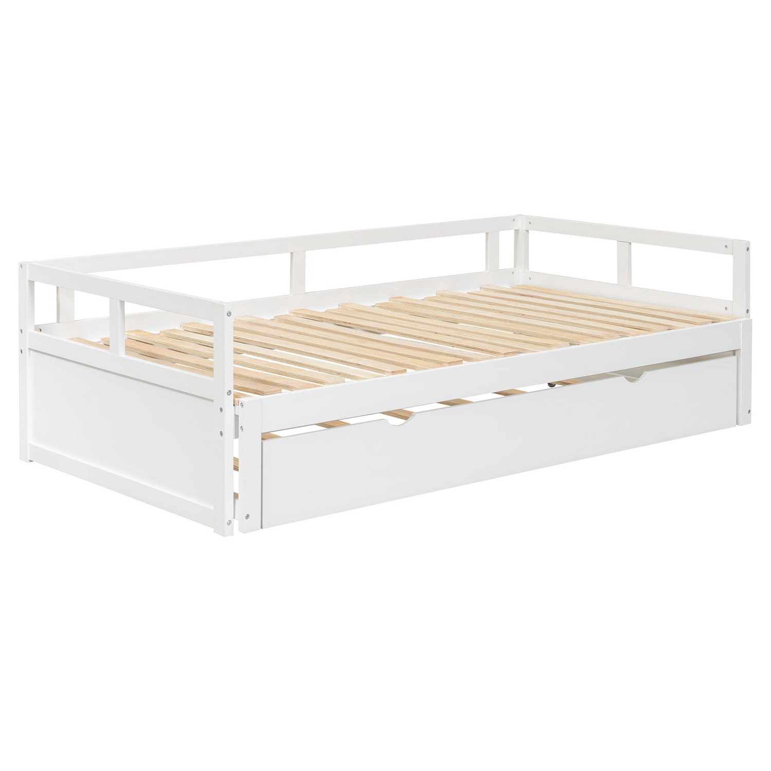Wooden extending daybed with trundle for space-saving guest sleeping, designed by Start2Finish, shown in a cozy bedroom setting.