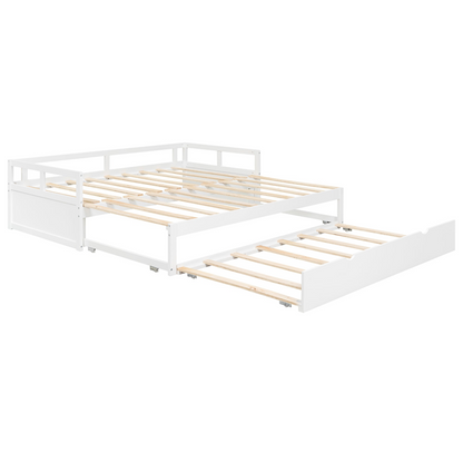 Start2Finish wooden extending daybed with trundle, space-saving guest bed design, featuring a classic wooden frame and mattress.