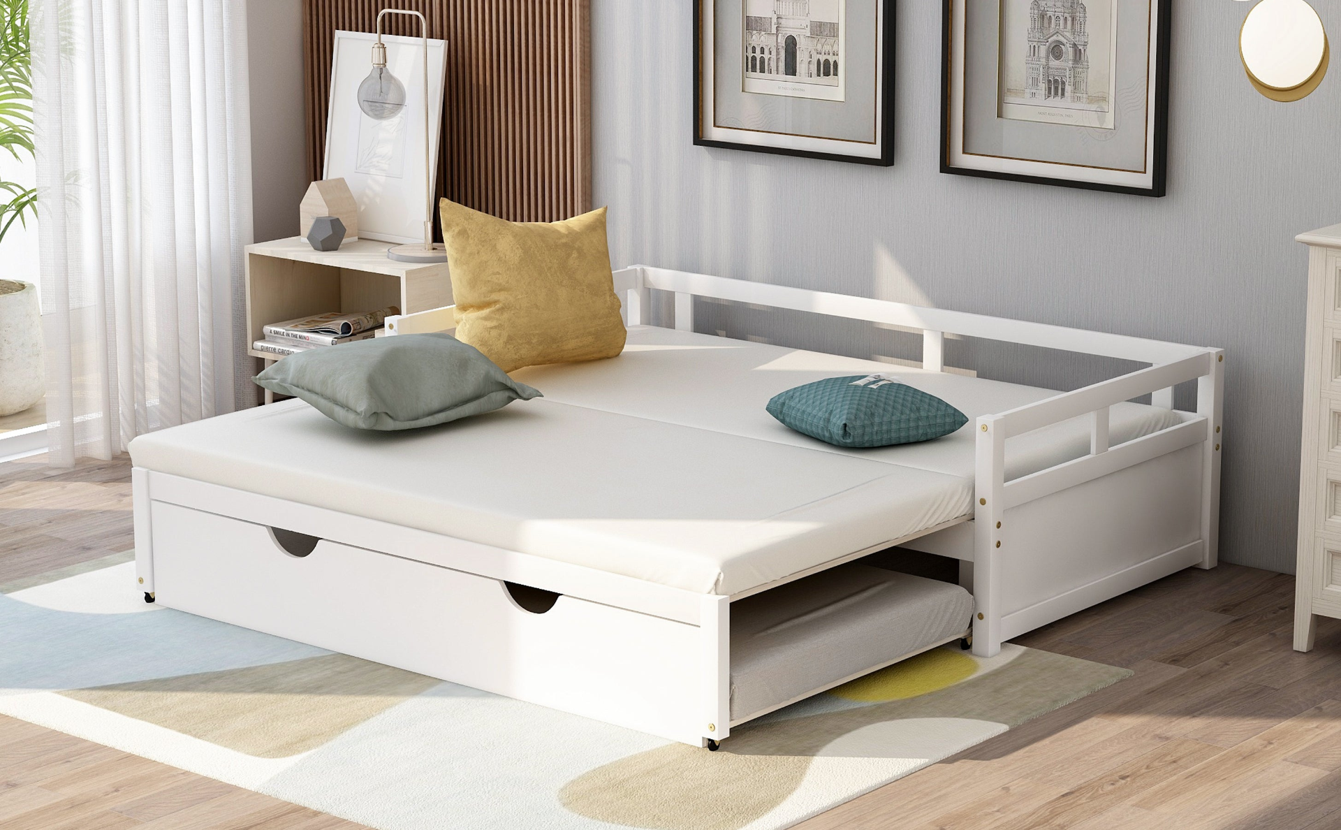 Start2Finish wooden extending daybed with trundle, ideal for space-saving guest sleeping arrangements in a modern bedroom.