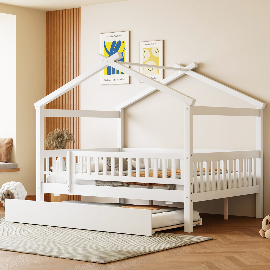 Start2Finish wooden house-style bed frame with pull-out trundle drawer and slatted support for sturdy, cozy bedroom furniture.