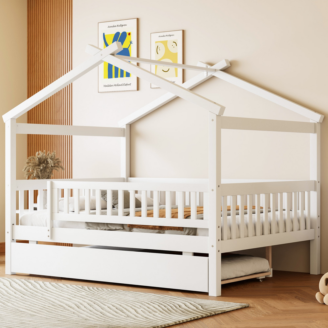Wooden house-style bed frame with pull-out trundle drawer and slatted support by Start2Finish, showcasing the cozy, rustic design.